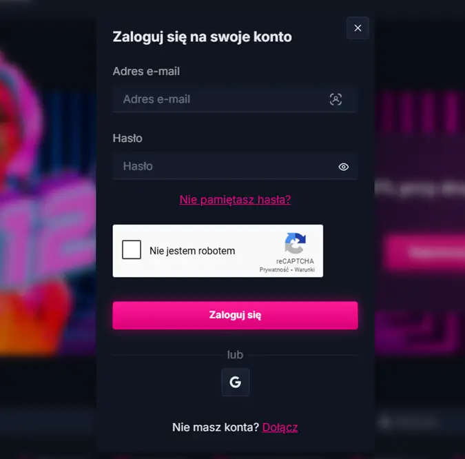 Formularz logowania do Xon Casino