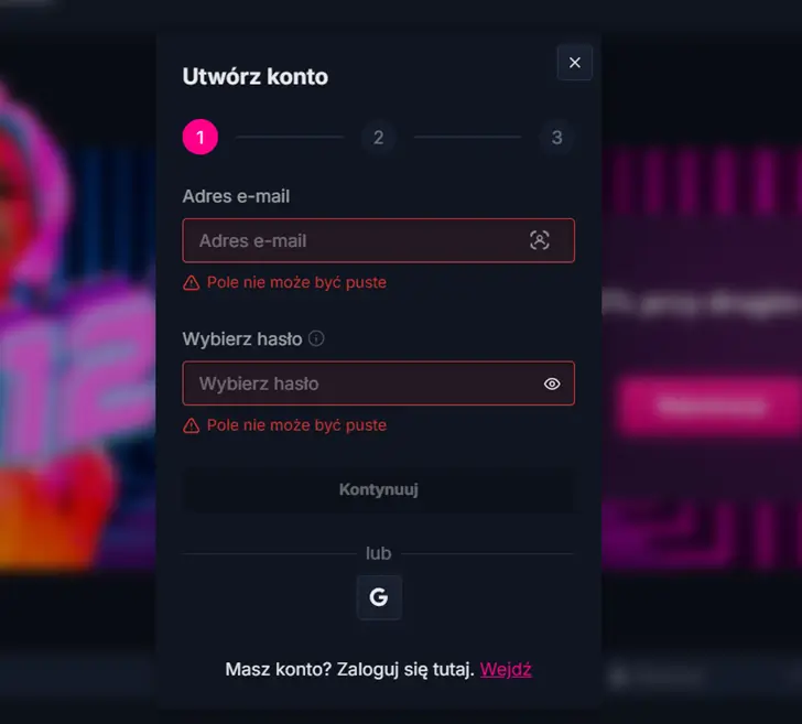 Formularz rejestracji w Xon Casino